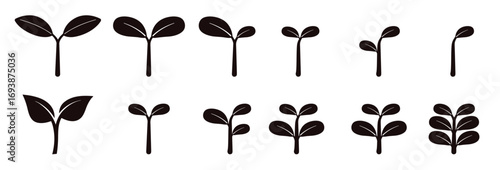 Seedling Icon Set – New Sprout Silhouettes symbolizing new growth, agriculture, gardening, and ecological sustainability.