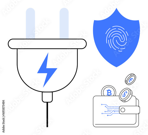 Electric plug with lightning icon for energy, blue shield with fingerprint for security, and digital crypto coins in wallet. Ideal for energy, security, cryptocurrency, blockchain, fintech