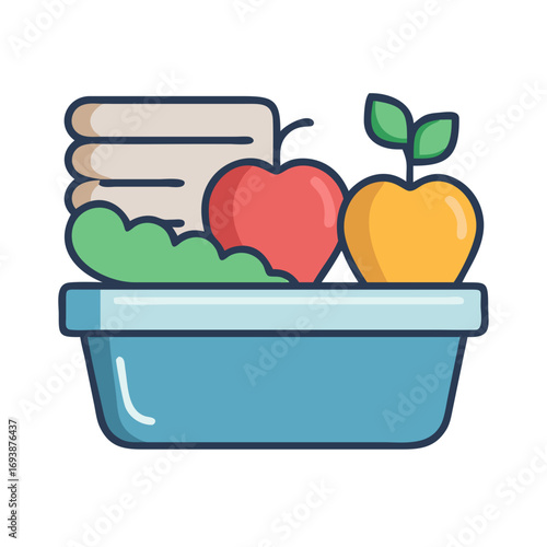 Stylized lunch box with sandwich, lettuce and fruit: a simple flat illustration