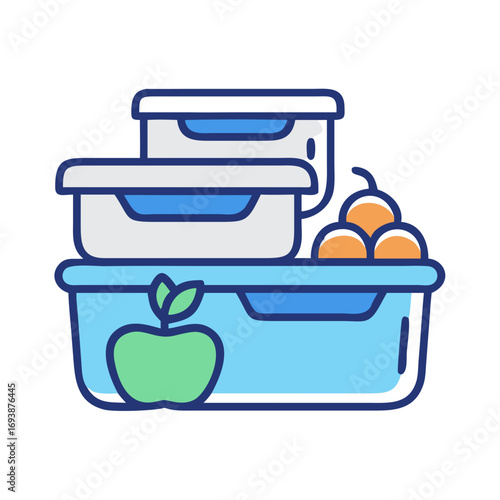 Stylized Icon of Stacked Lunch Boxes with Apple and Mandarin Oranges