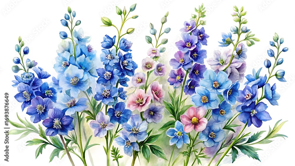 Fototapeta premium Watercolor delphinium flowers isolated on white background, a beautiful floral display