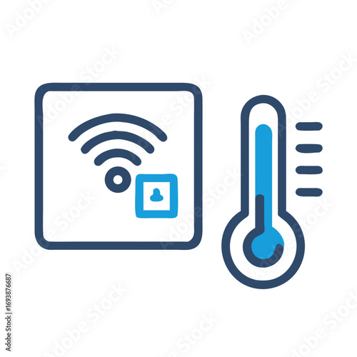 Smart home temperature control system with wireless technology and thermostat icons in blue color