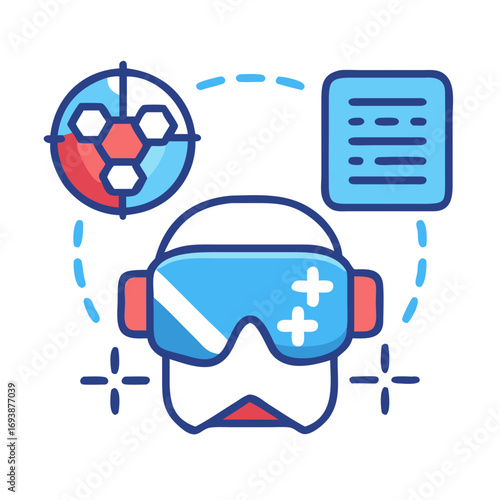 Abstract virtual reality sports gaming concept with user interface elements overlayed around the headset