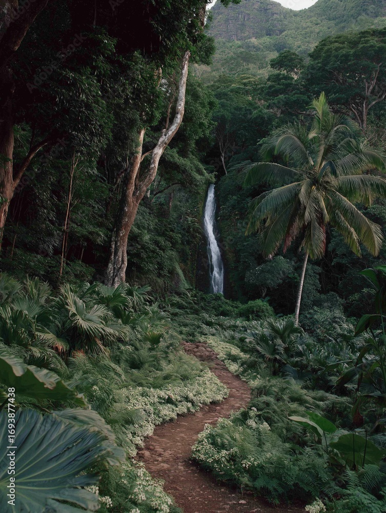 Obraz premium Beautiful waterfall cascading down a rocky cliff in the middle of a lush green forest. the waterfall is surrounded by tall trees and palm trees, and the ground is covered in greenery.