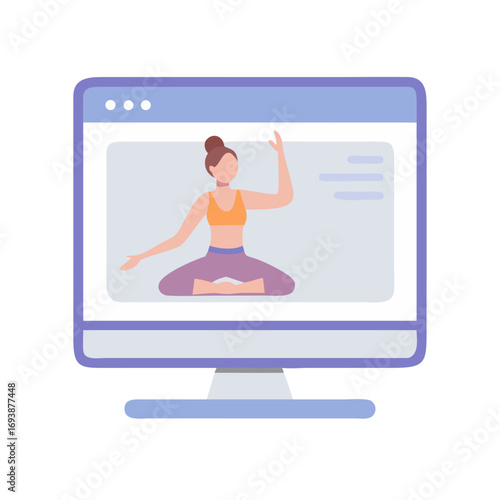 Online yoga class on computer screen showcasing healthy lifestyle and virtual fitness lessons