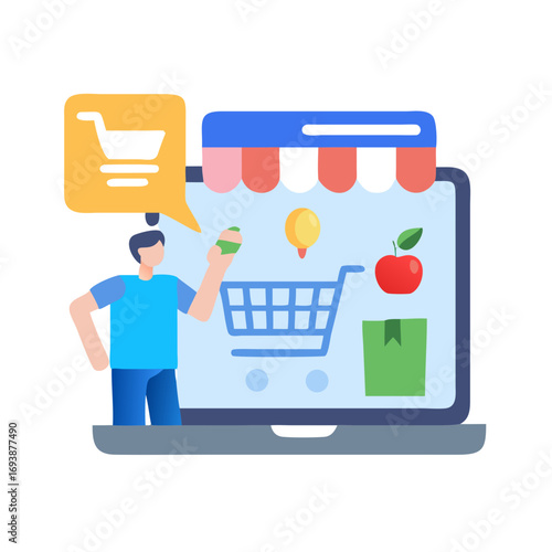 Flat design illustration of online shopping with person and virtual store
