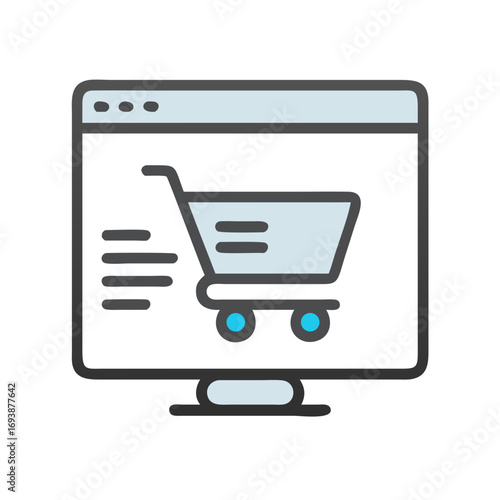 Online Shopping Concept: Desktop Monitor Displaying Shopping Cart Icon Against Dark Background