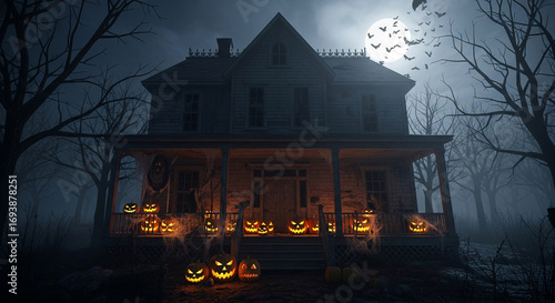 Dark abandoned haunted house decorated for halloween, glowing pumpkin lanterns at entrance