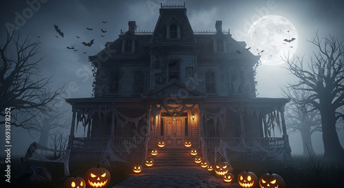 Dark abandoned haunted house decorated for halloween, glowing pumpkin lanterns at entrance