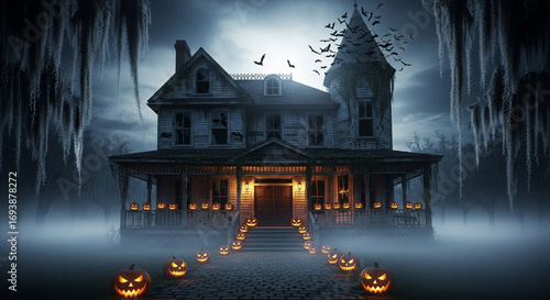 Dark abandoned haunted house decorated for halloween, glowing pumpkin lanterns at entrance