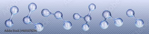 Scientific chemical atom 3d models with blue molecular structures and connected spheres for educational or research materials. Transparent glass bonds with reflective nodes for chemistry design.