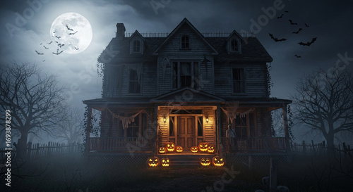 Dark abandoned haunted house decorated for halloween, glowing pumpkin lanterns at entrance