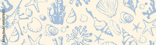 Nautical bg with boho shell seamless pattern for textile design - blue starfish, scallops and coral elements. Marine life motifs with seaweed and bubbles for beach themed decoration or fabric.