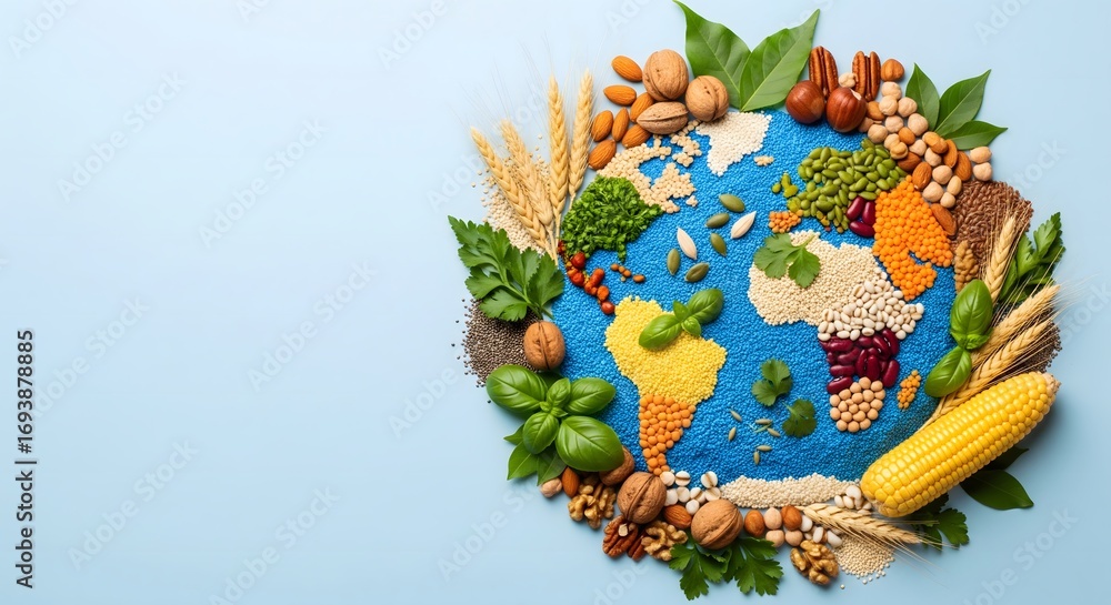 Obraz World Food Day creative earth map made of grains, seeds, nuts, corn, and fresh vegetables on blue background symbolizing global agriculture, nutrition, food security, and sustainable farming
