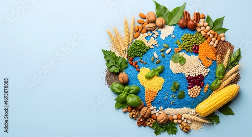 World Food Day creative earth map made of grains, seeds, nuts, corn, and fresh vegetables on blue background symbolizing global agriculture, nutrition, food security, and sustainable farming