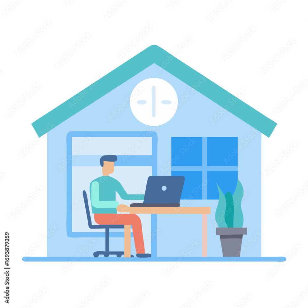 Fototapeta premium Flat illustration of remote worker in house setting working on laptop at desk