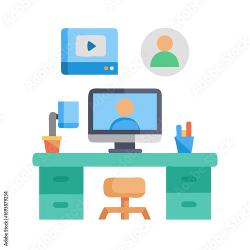 Modern workspace illustration with desk computer and online collaboration elements isolated on black