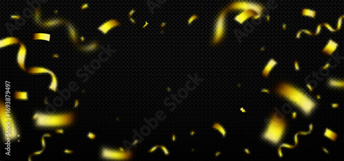 Festive celebration with confetti gold explosion effect for party design - floating ribbons, metallic streamers and blurred particles. Luxury decoration elements with motion blur for event or victory.