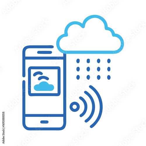 Cloud-based mobile weather application showing real-time rain forecast via wireless connection on a black background