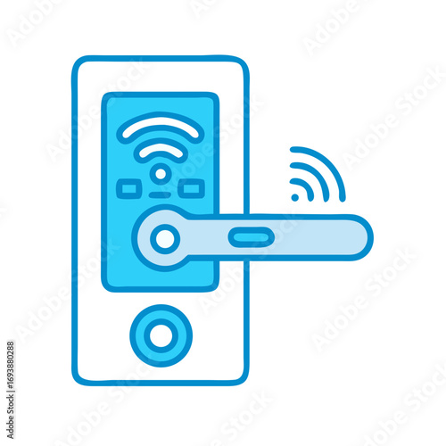 Smart door lock icon showcasing wireless connectivity in blue tones on a black background