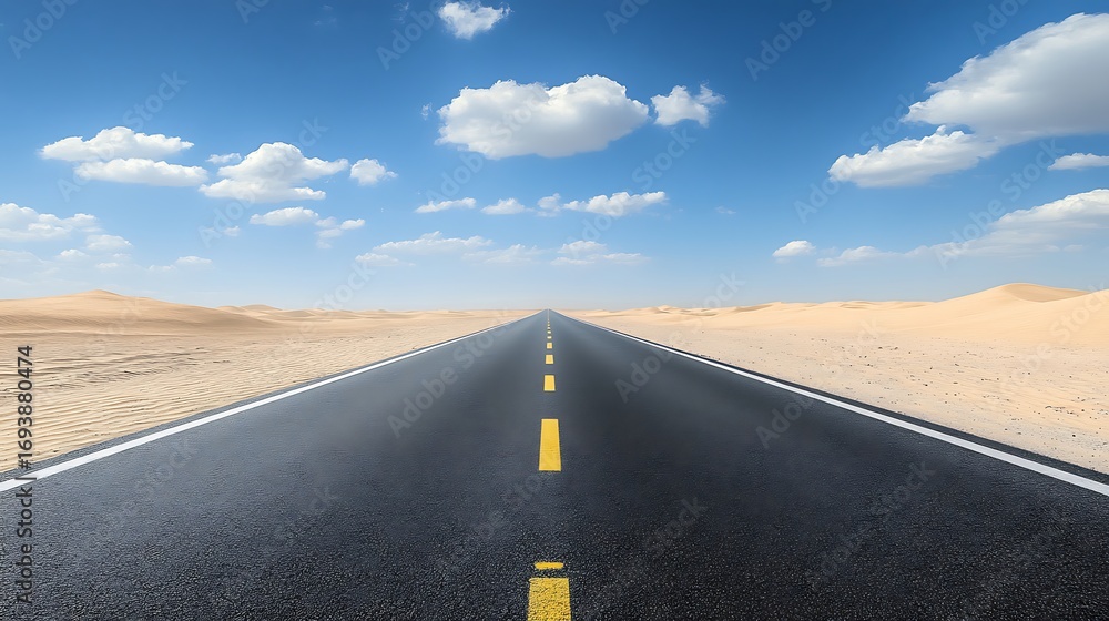 Fototapeta premium Open Road A Journey Through the Desert Under a Clear Blue Sky, Endless Horizons