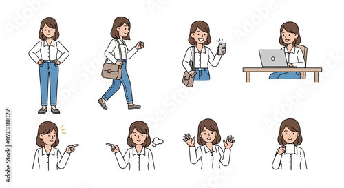 woman in blouse and jeans, various gestures and daily activities, minimal modern style
