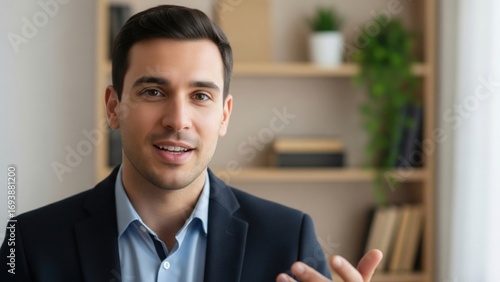 Young Caucasian man in formal suit talks while looking at camera. Bookshelf and plants in background. Indoor setting with soft lighting. Concept of business communication and video call
