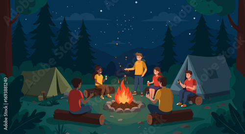 camping illustration, friends around bonfire, outdoor adventure, flat design, nature travel, 