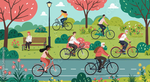 cycling illustration, people biking, eco transport, healthy lifestyle, urban park, sustainable travel, flat design