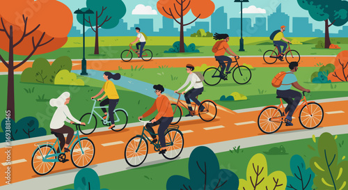 cycling illustration, people biking, eco transport, healthy lifestyle, urban park, sustainable travel, flat design