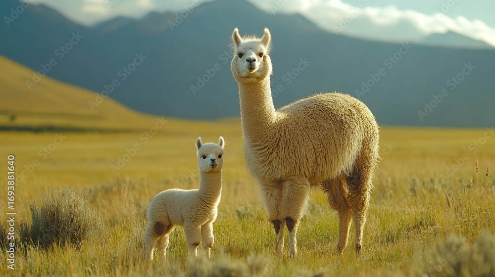 Fototapeta premium An alpaca and its baby stand gracefully in a vast field with mountains in the background, showcasing nature's beauty