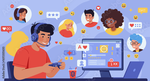 Flat design illustration of a gamer playing online multiplayer game with friends, using headset and gaming console