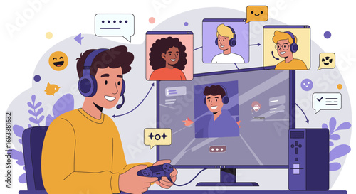 Flat design illustration of a gamer playing online multiplayer game with friends, using headset and gaming console