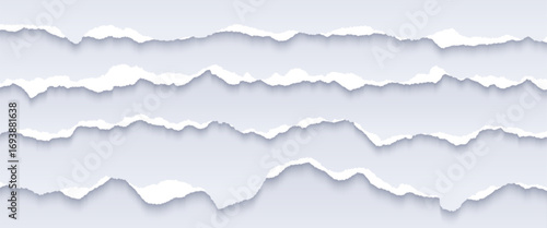White paper rip tear edges with realistic torn borders and shadow effects for collage design or scrapbook element. Horizontal jagged strips with rough texture for message frames or dividers layouts