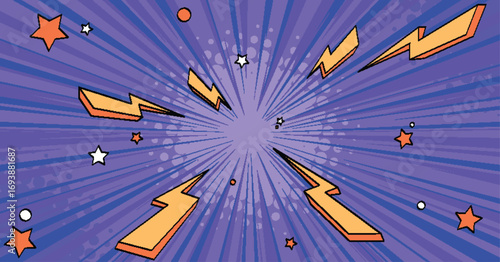Anime comic burst background with radial speed lines and lightning bolts for dynamic action scenes. Purple sunburst pattern with yellow stars and energy effects. Manga style explosion superhero bg