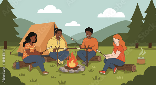 Minimalist flat illustration of diverse friends camping with a tent, sitting around a bonfire, cooking marshmallows, and enjoying outdoor adventure