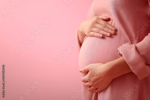 Wallpaper Mural A pregnant woman gently holding her baby bump with both hands, against an isolated pink background Torontodigital.ca