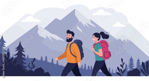 Modern vector illustration of young travelers hiking in the mountains with backpacks, enjoying nature, and taking photos