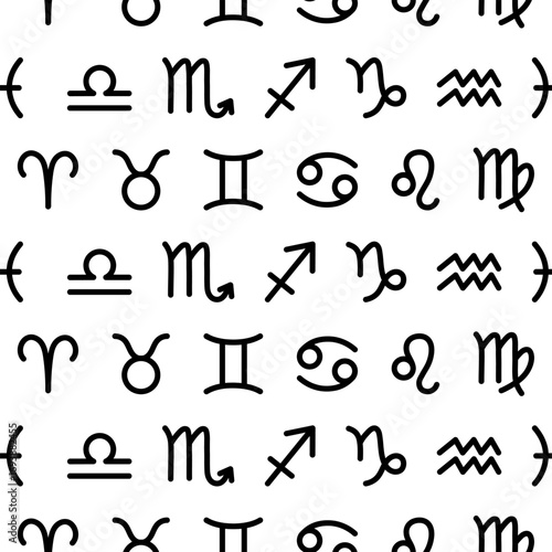 Handdrawn zodiac constellations and celestial symbols seamless pattern black on white background. Modern and mystical design for spiritual and astrological themes. Vector zodiacal print.