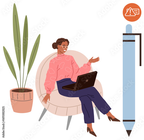 Professional woman multitasking on laptop in stylish chair with green plant and pen. Ideal for remote work, productivity, creativity, communication, business, technology, modern lifestyle. Simple