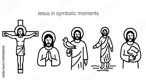 Vector illustration of Jesus in symbolic moments, crucifixion, prayer, dove, walking on water, lamb