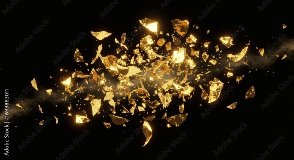 © fledermausstudio - Gold fragments exploding against a black background with smoke