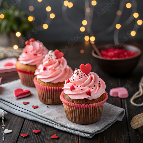 Valentine Cupcakes with Pink Frosting and Heart Decorations on Rustic Dark Wood