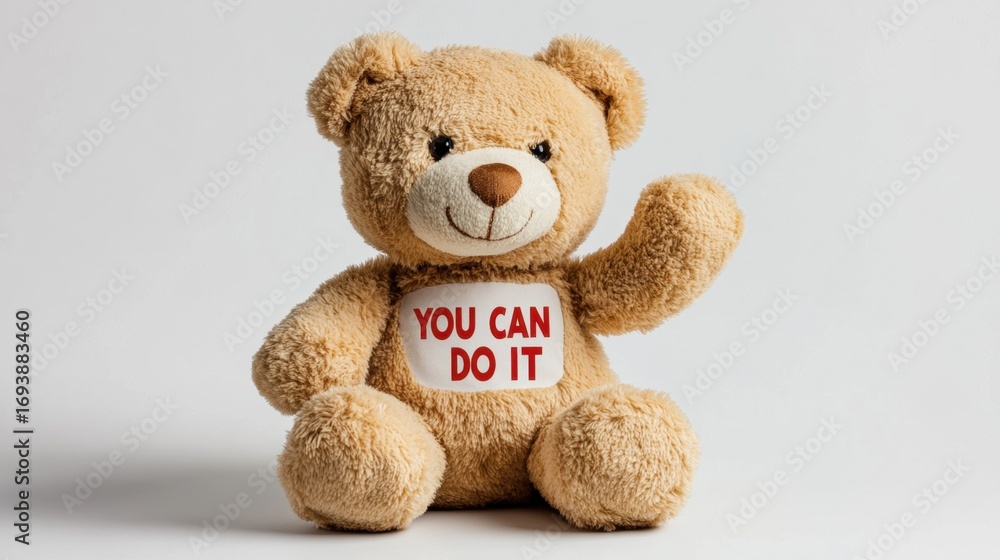Obraz premium Cute teddy bear toy sitting with raised paw and text you can do it on shirt symbol of support love and care
