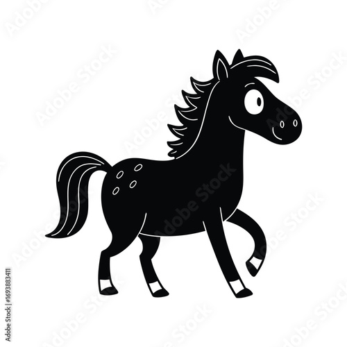 A whimsical black cartoon horse with large expressive eyes and a playful mane prancing with a joyful stride against a clean white background