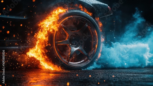 Car wheel with fire and smoke effect on dark road symbolizing speed power adrenaline racing and extreme energy
