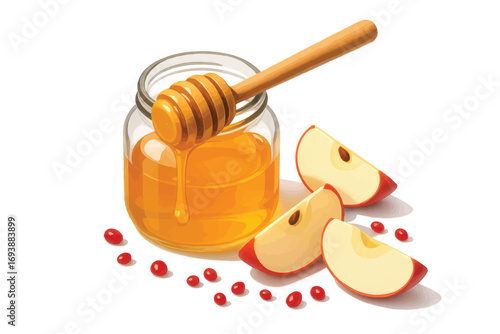 Vector illustration design for Rosh Hashanah of honey jar with apple slices and berries, symbolic composition for seasonal celebration, clean layout for commercial use.