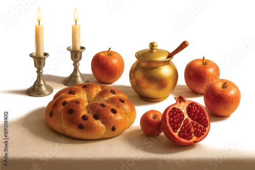 Vector composition of traditional Jewish New Year table setting with apples, honey, candles and challah bread in festive arrangement.