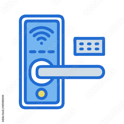 Modern blue smart door lock with wifi symbol and keypad technology illustration