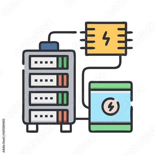 Data server rack with backup power supply and circuit board connectivity illustration